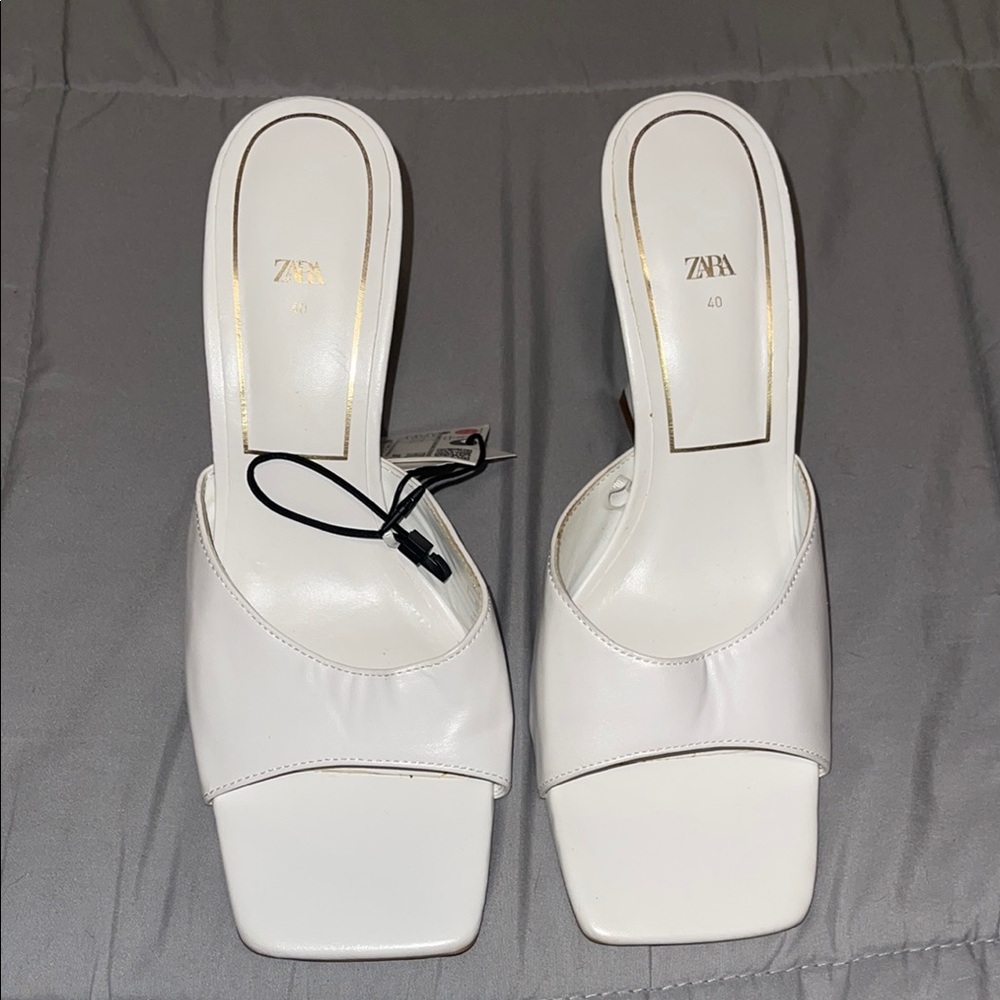 Zara White Mules with Chunky Block Heel